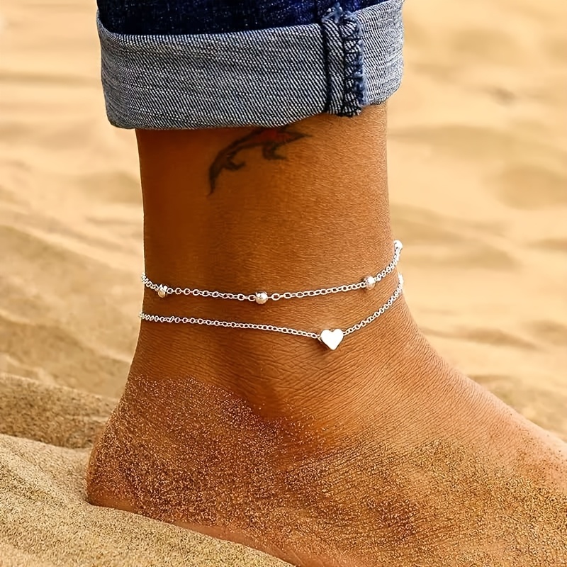 TEMU Lot de 2 bracelets de cheville cœur multi-portés avec perles rondes, pour femme