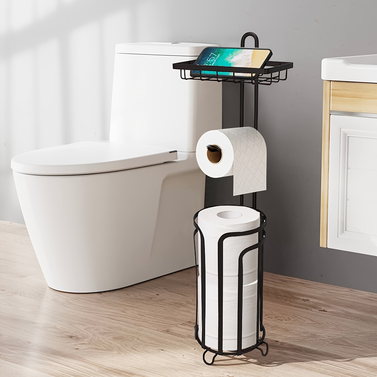 

Toilet Paper Holder Stand Tissue Paper Roll Dispenser With Shelf For Bathroom Storage Holds Reserve Mega Rolls Black