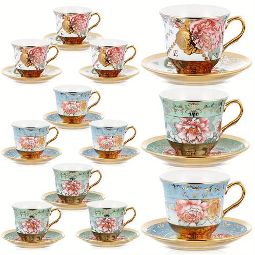 set of 12 tea cups and saucers tea party decorations floral porcelain 5 4 oz british gift for women birthday party church and mothers day