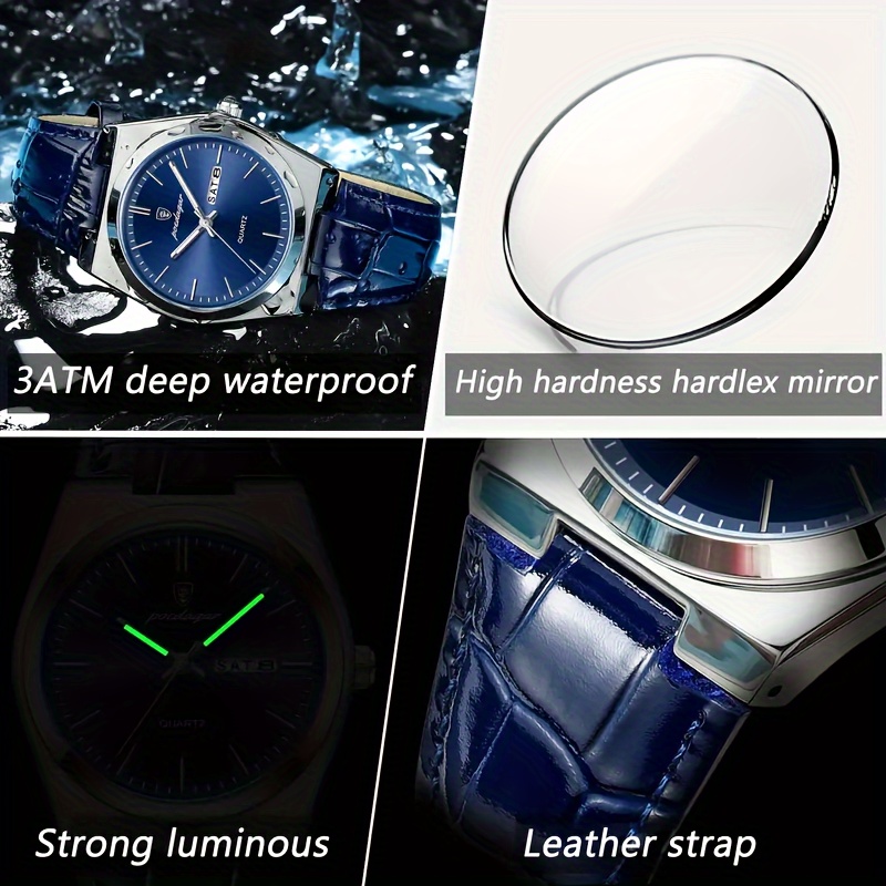 mens quartz   style luminous dial round case with blue pu leather strap date function strong luminescent hands non rechargeable button battery alloy case wristwatch details 5