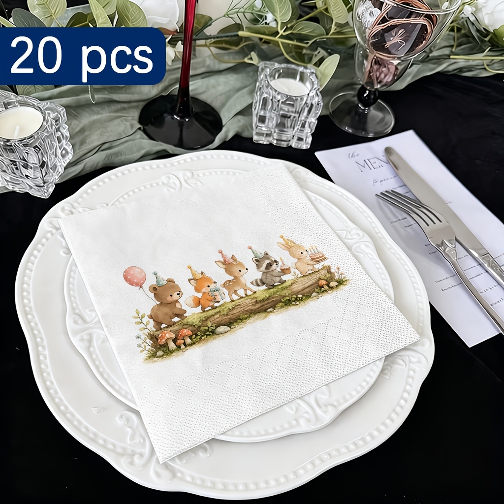 TEMU 20pcs Pack Of Disposable Dual-ply Forest-themed Napkins Suitable For Large Parties - Cute Bear, Fox, Deer, Raccoon & Bunny Wildlife Table Decor