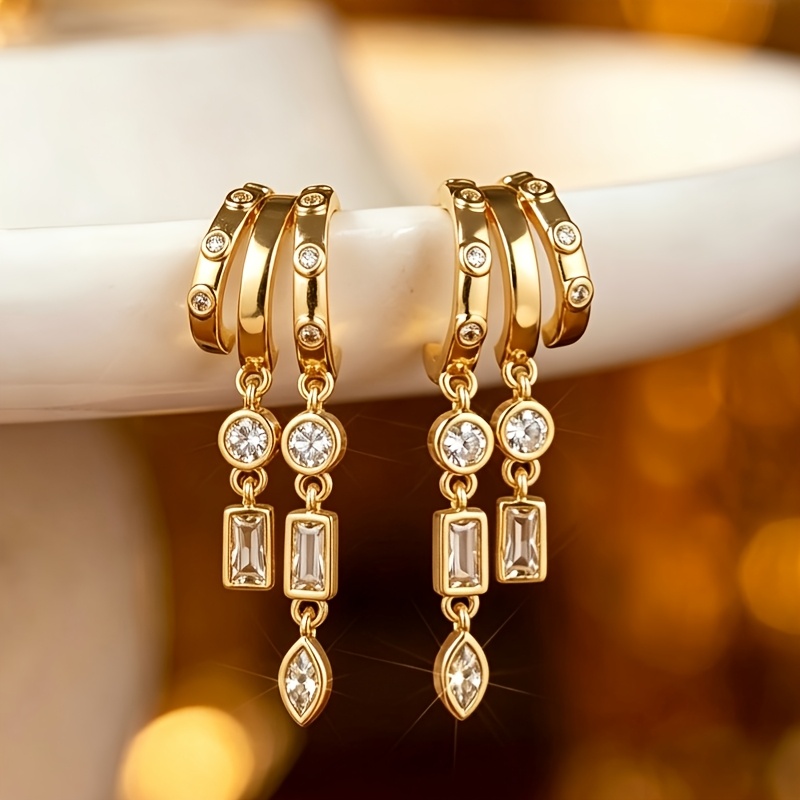 TEMU 1 Paire de Boucles d'Oreilles Élégantes et Luxueuses Multi-Couches de C, avec des Breloques Géométriques Rondes et Carrées à Franges,
