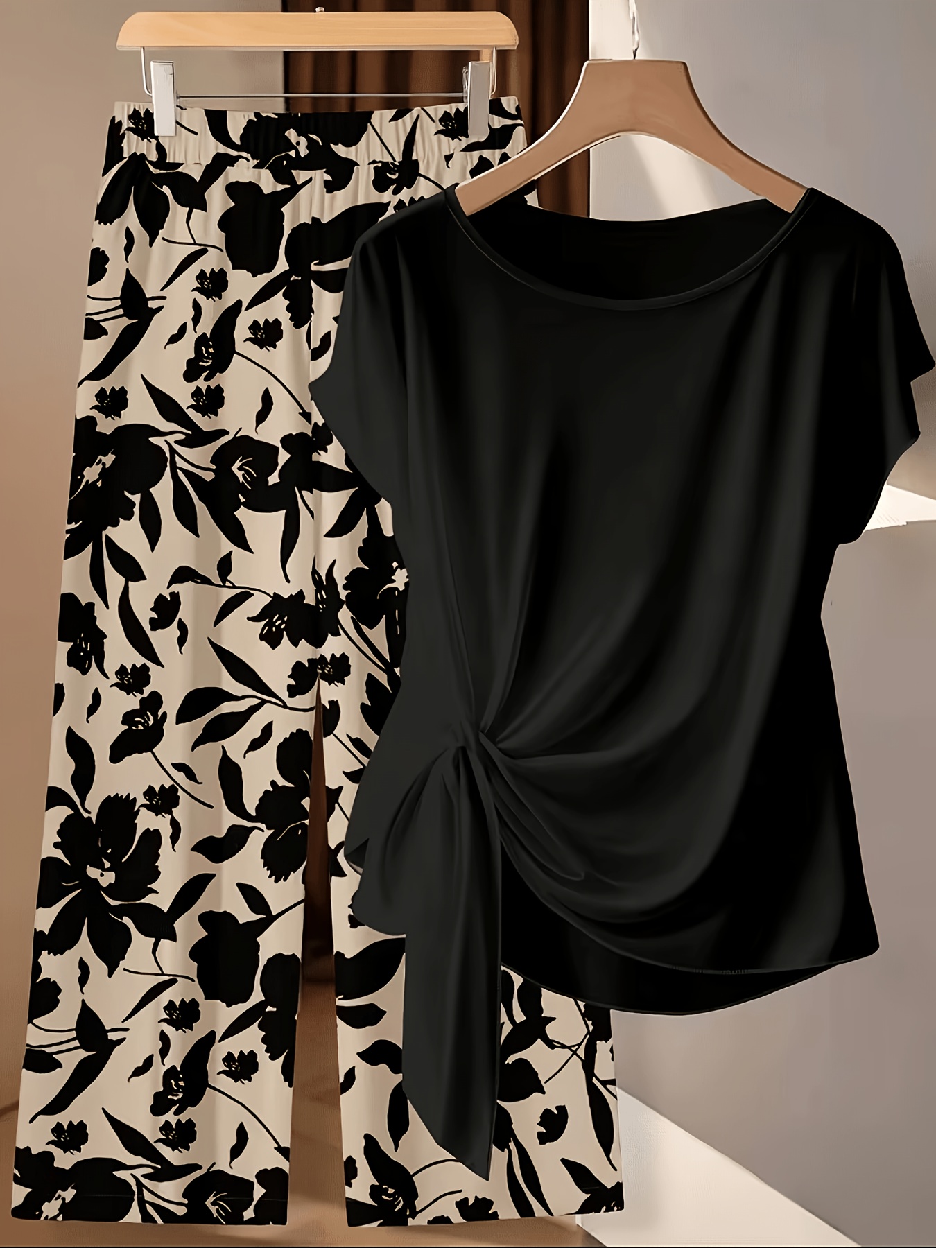 Womens 2pcs Floral Print Top Casual Pants Elegant Outfit