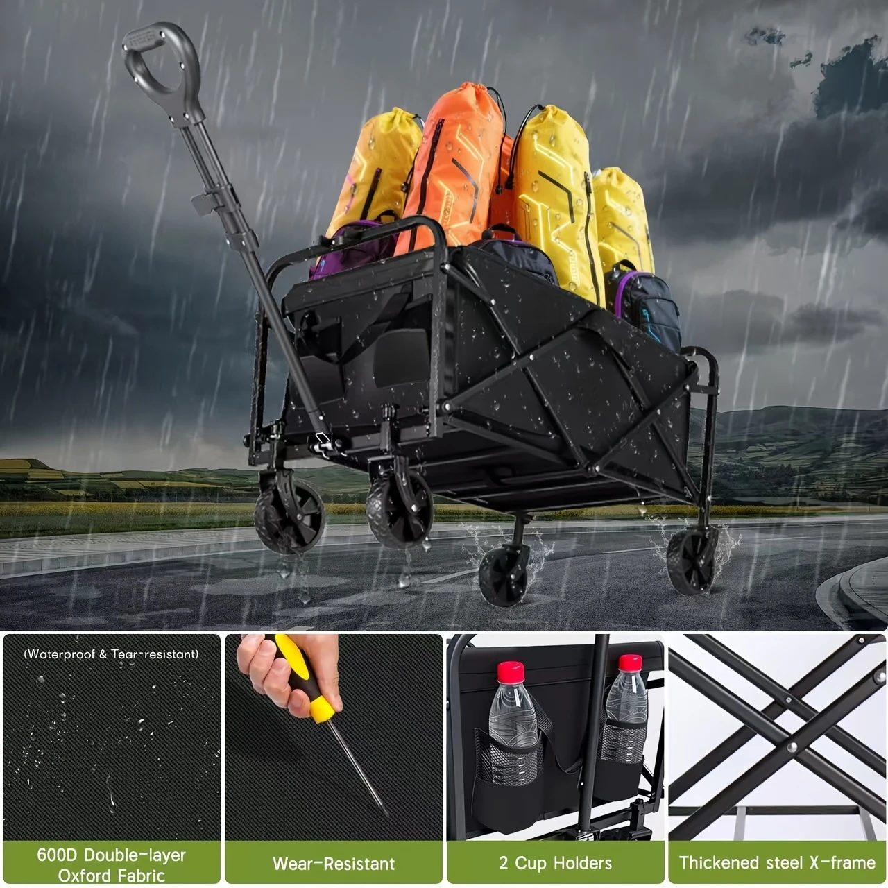 220/450/680 lb capacity heavy-duty folding cart - stainless and 600d oxford fabric, foldable wagon for camping, gardening, beach, shopping - no , black garden tool holder, sturdy , durable wheel construction details 2