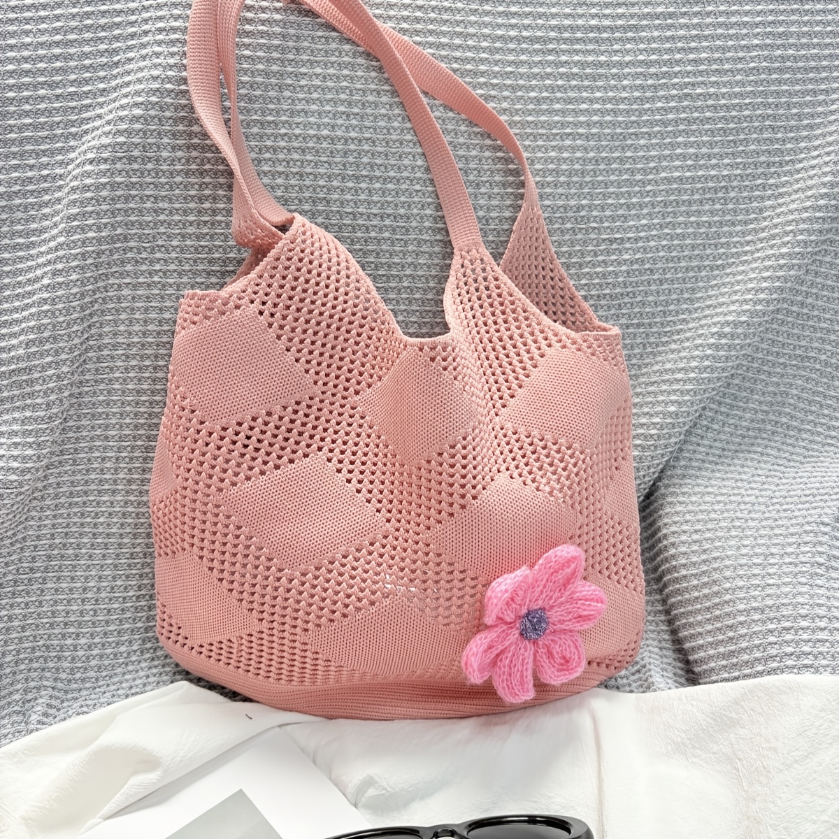 TEMU Women's Large Capacity Woven-like Mesh Handbag With Flower AppliquÃ© - Pink Pastel Handbag, Open Tote, Casual & Formal Purse, Durable For Summer,