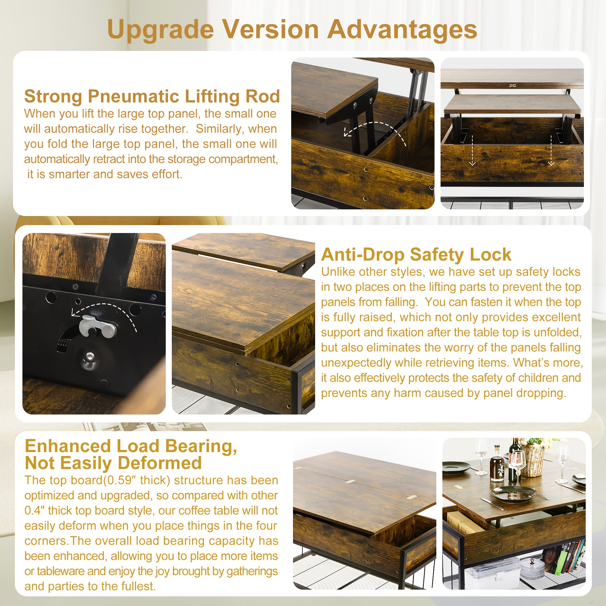 Lift Top Coffee Table with Hidden Storage, Industrial Wood And Metal Living Room Table with Open Shelf, Liftable Dining Coffee Table for Home Office