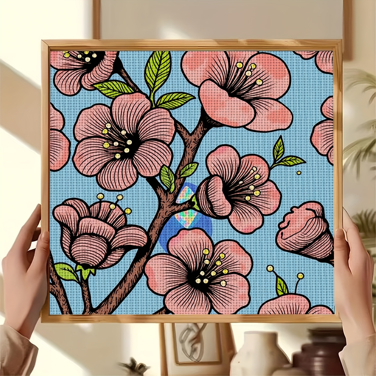 Complete DIY Cross Stitch Kit, Blue Pink Branches and Leaves Pattern
