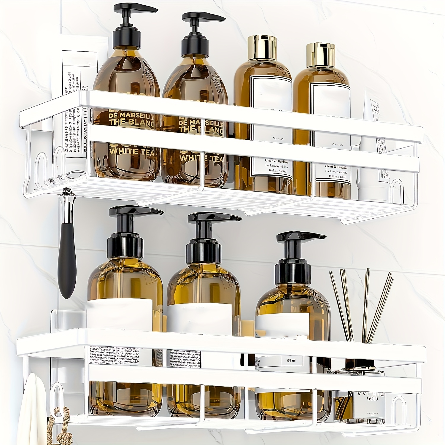 TEMU Large Adhesive Shower Caddy, Stainless Steel Shower Shelf For Indoor Use, Bathroom Organizer And Storage, Home Decor Additions, 2-pack, Black,