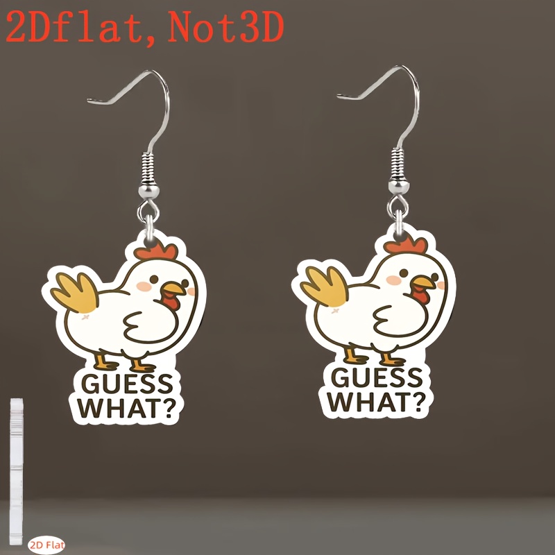 TEMU 2d Flat What? Cute Cartoon Chicken Fashion Dangle Earrings Acrylic