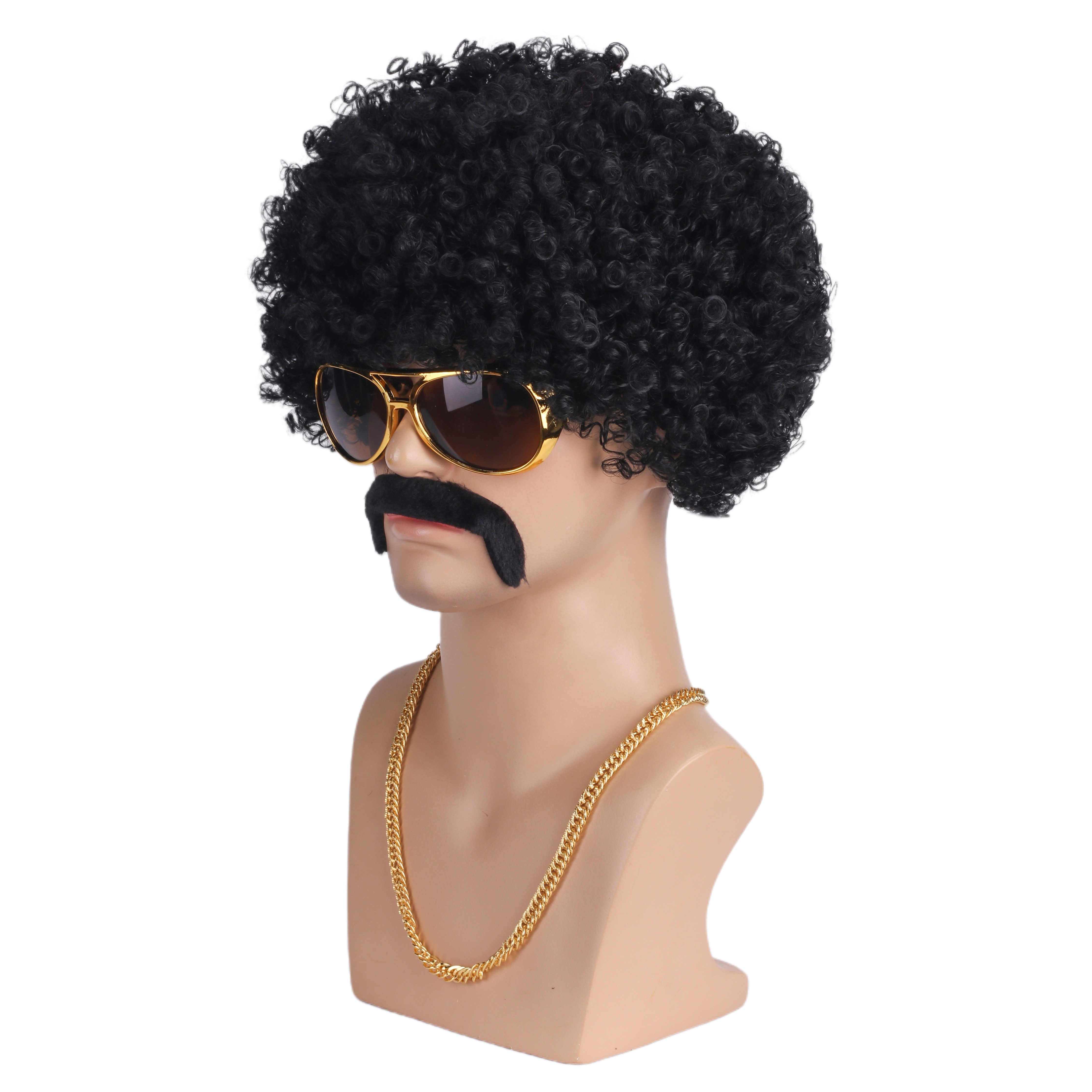 70s 80s Disco Afro Wigs Set Mustache Sunglasses Golden Chain