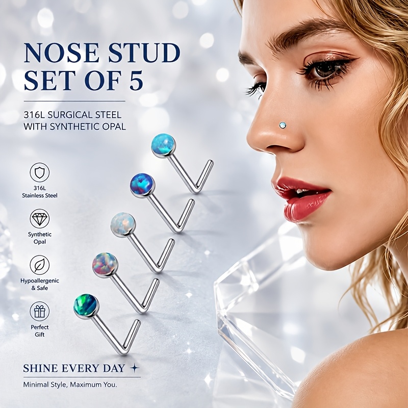 TEMU 5pcs 316l Stainless Steel Elegant Nose Stud Set, , , And Straight Bar Nose Stud Set, Hypoallergenic Elegant Nose Studs For Women
