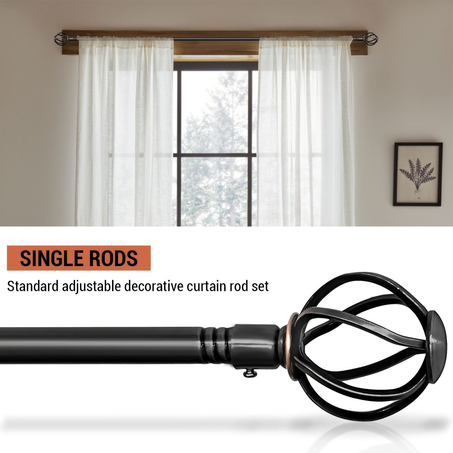 One Piece of Sturdy Metal Curtain Rod with a Single Design - * in Black Or  Bronze * Featuring Decorative Twisted Cage Finials. * Wall-Mounted And *  Hanging Window And Shower Curtains, Enhancing Home ..., image size:1500x1500