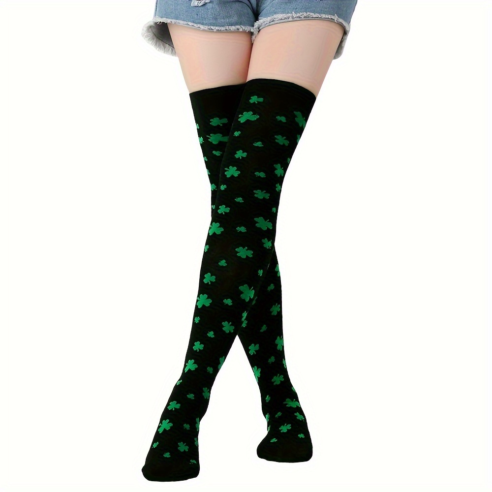 Image of 1 Pair/3 Pairs Pack Irish Festival Green Long Socks, Party Shamrock Over-the-knee Socks, 's Day Clover Striped Tights