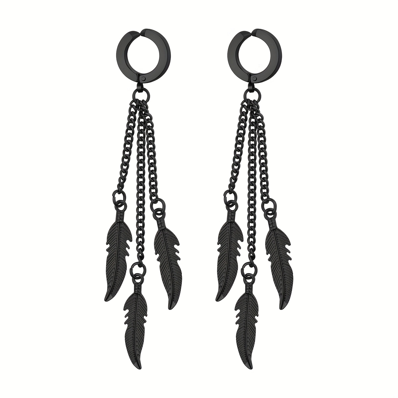 Women's Men's Gothic Layered Feather Drop Non-piercing Hoop Huggie Clip-on Earrings