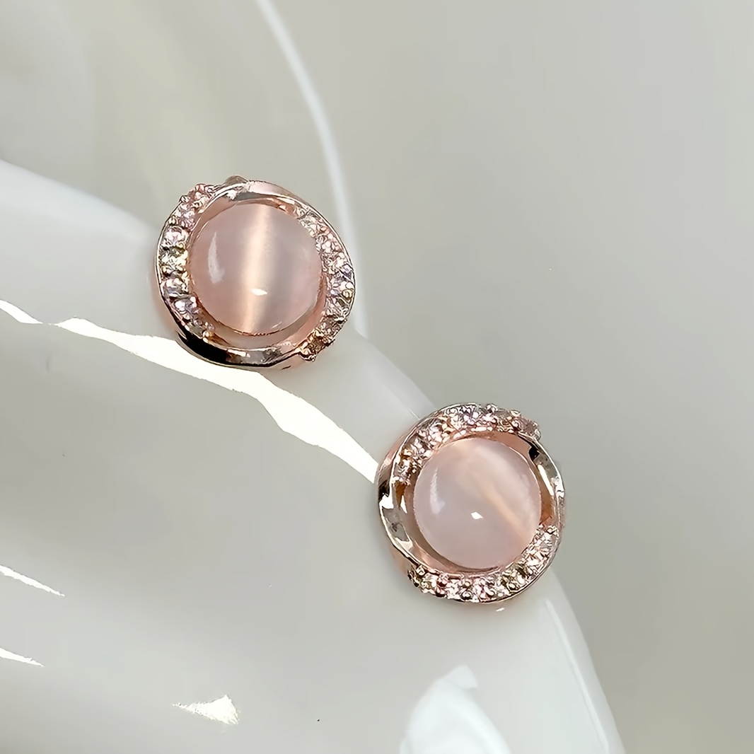 TEMU 1 Pair Rose Eye Stone Women's Stud Earrings, Exquisite Elegant Round Zirconia Decor Light Luxury Earrings, Commute Date Party All-match Women's