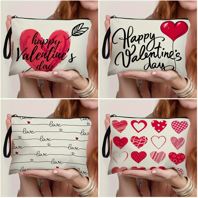 

Valentine's Day Makeup Bag, Heart And Letter Design Cosmetic Pouch, Polyester Material, Zippered Clutch For Holiday & Daily Use