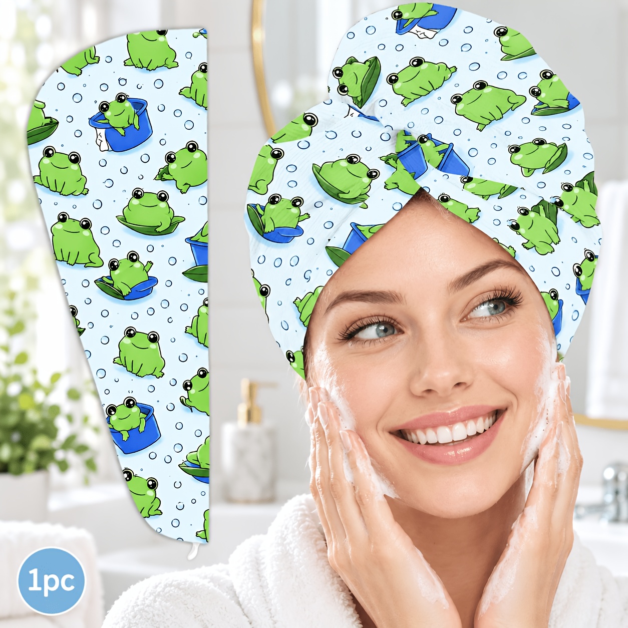 TEMU 1pc Women's Quick- Hair Drying - Cute Frog Pattern, Soft Microfiber Super Absorbent Bath , Suitable For Spa, Swimming, Home Hair Care, Perfect