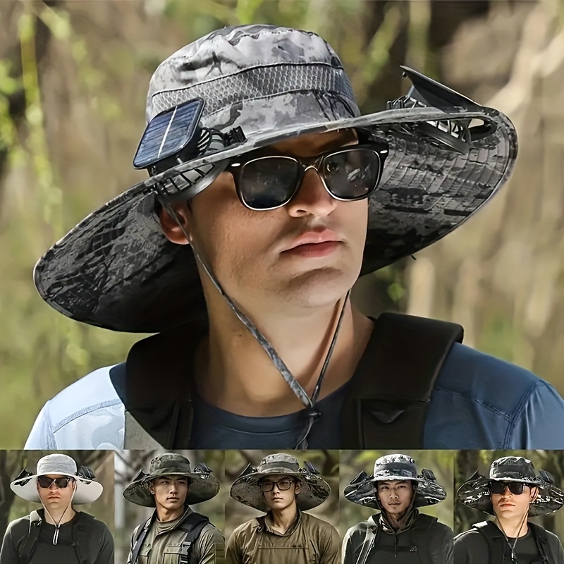 

1x Wide Brim Solar Fan Outdoor Fishing Hat, Men Sun Hat With 2 Solar Fan Fishing Hats, Solar Fan Hat