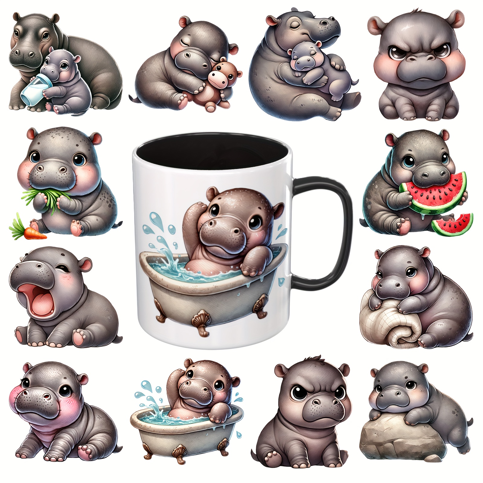 

Dorsbaby 12-pack Hippo-themed Uv Dtf Transfer Decals, Decorative Clings For Mugs, Creative Diy Craft Embellishments For Laptops, Water Bottles - Adhesive Plastic Decor Sheets (mug Not Included)