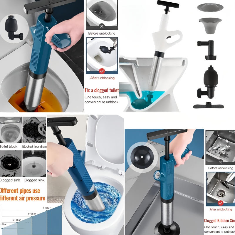 Set Sturatubi per WC ad Aria ad Alta Pressione, Serpentina per WC in Acciaio Inox, Sturatubi ad Aria per Lavello Cucina, WC, Bagno, Tubi Intasati