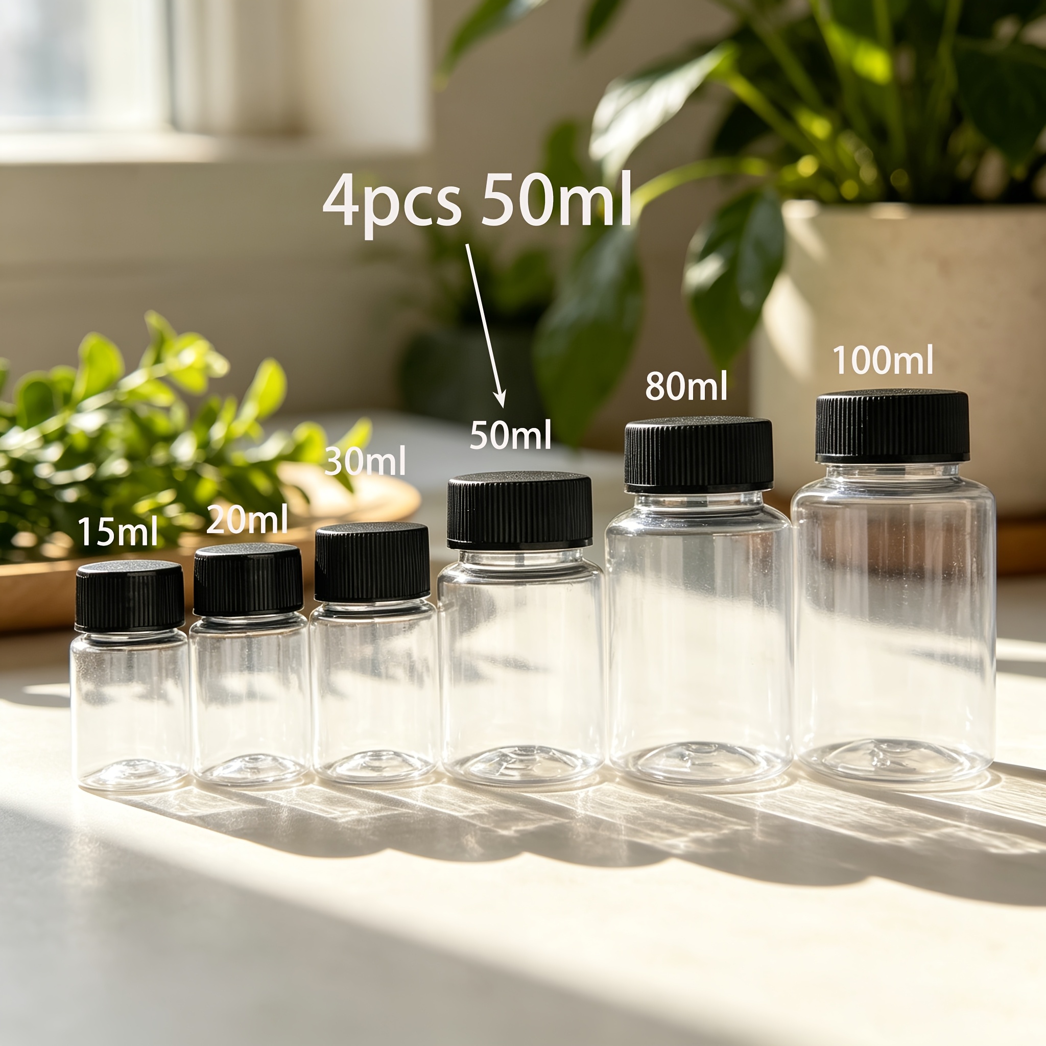 TEMU 4pcs Transparent Plastic Bottles With Black Plastic Screw Caps, Travel Containers, Liquid Dispensing Bottles Leak-proof Liquid And Powder Sample
