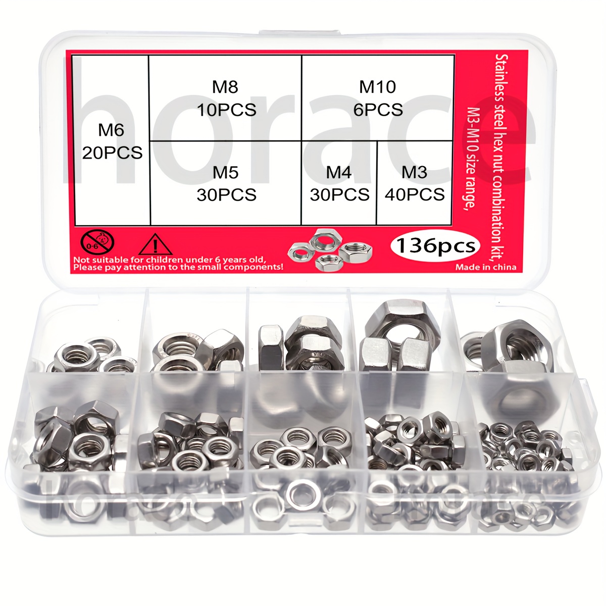 136pcs Stainless Steel Hex Nut Set External Hex Nut Combination Set M3 M4 M5 M6 M8 M10 Suitable For Bolts Hardware Tools