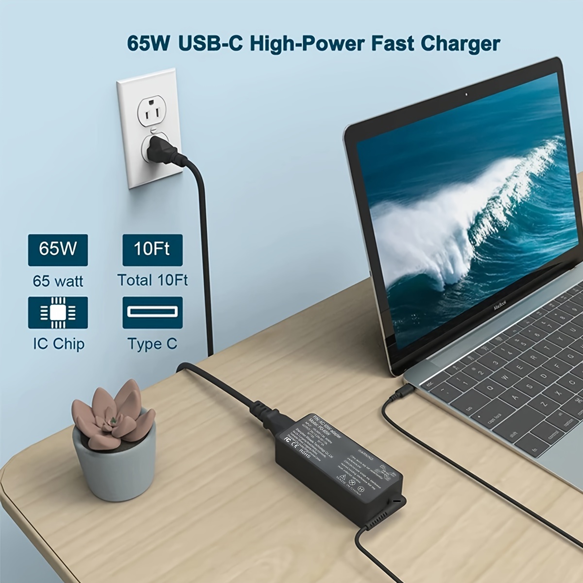 Cargador universal USB tipo C 65W 45W para laptop compatible con Lenovo,  Dell, Hp, Acer, chromebook, Asus, Samsung, Sony, cargador de computadora de