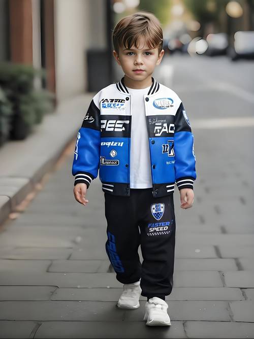 a two piece set for boys featuring a casual baseball jacket and pants designed with and motorcycle prints suitable for school commutes and everyday wear and autumn for outdoor