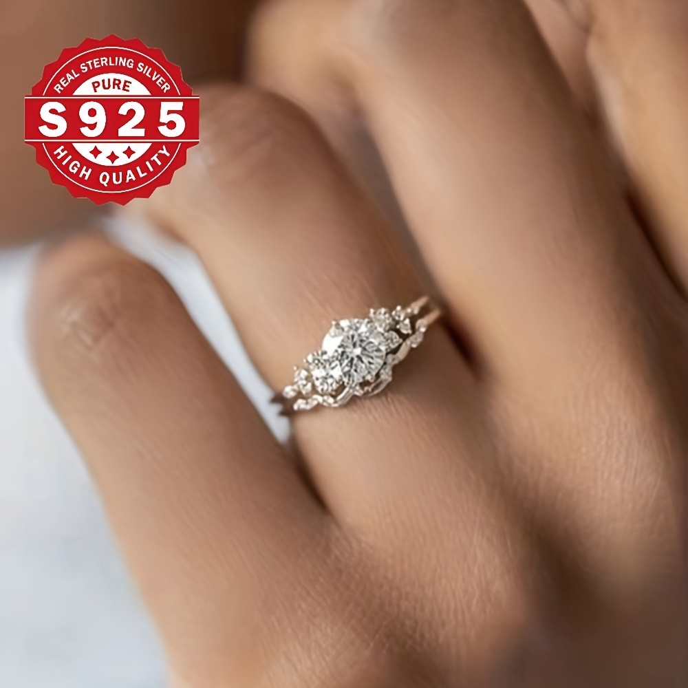 TEMU 925 Sterling Silver 2pcs Elegant White Cubic Zirconia Ring Set | Engagement Jewelry, Suitable For Women, Perfect For Weddings, Parties, Everyday