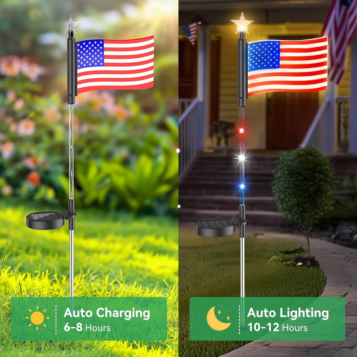 TEMU 2-8 Pack American Flag Solar Lights Outdoor, Decoration Flag Lights With 2 , Solar Flag Patriotic Lights For Yard, Garden, Pathway, , Memorial Day (red White And Blue)