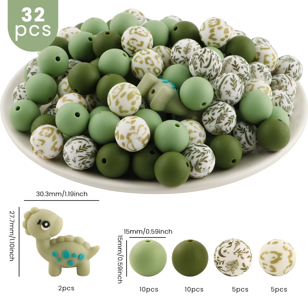 Image of 32pcs/set, Beads And Bead Assortments, Decorative Beads, Mixed With Dinosaur And 15mm Silicone Round Beads, Suitable For Handmade Jewelry Bracelets, Bracelets, Earrings, Necklaces, Pen Beads