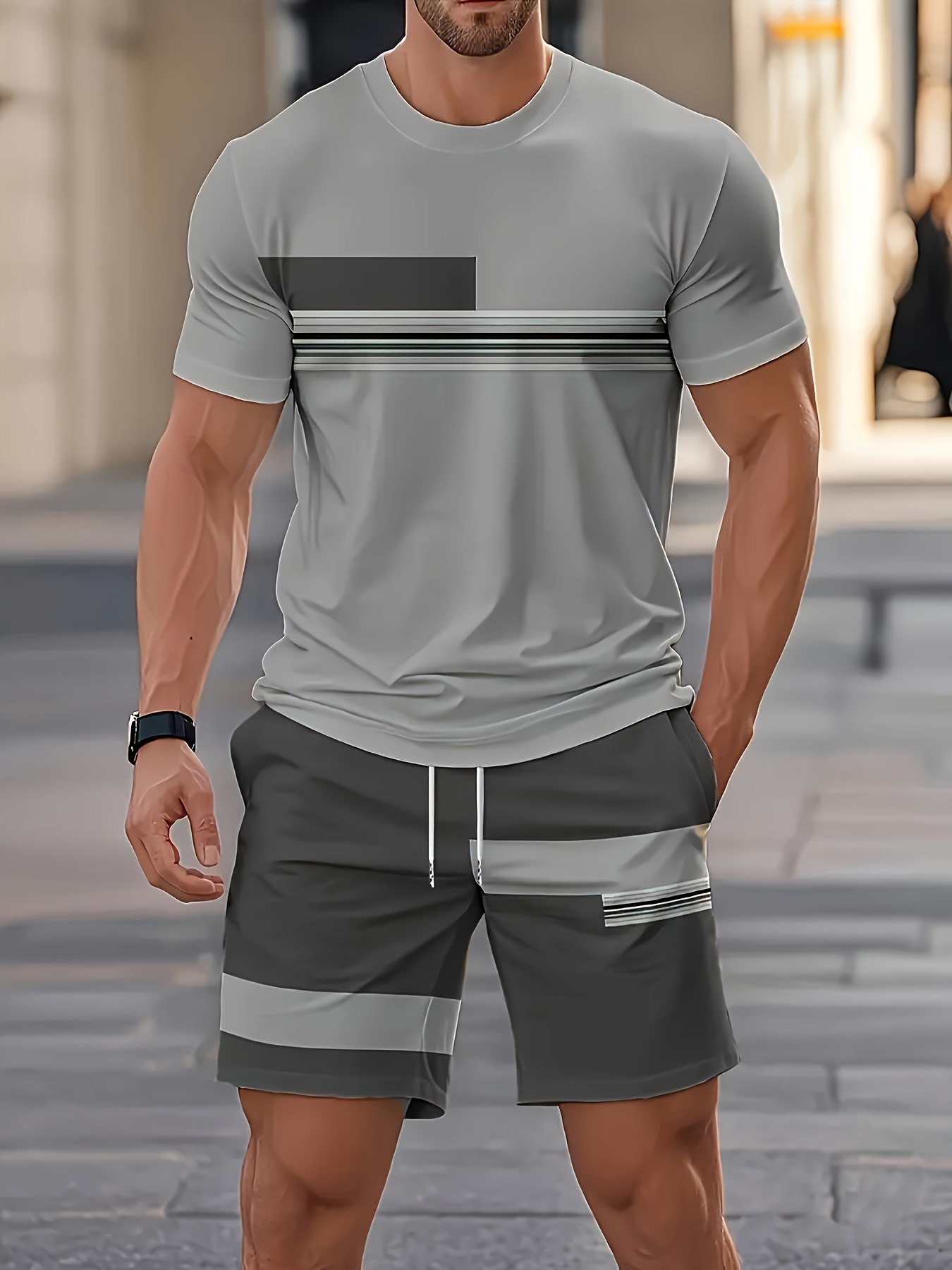 mens 2 piece outfit set summer   short sleeve crew neck t shirt top shorts 3  print vintage style striped contrast color   must have for street fashion enthusiasts suitable for daily casual fitness
