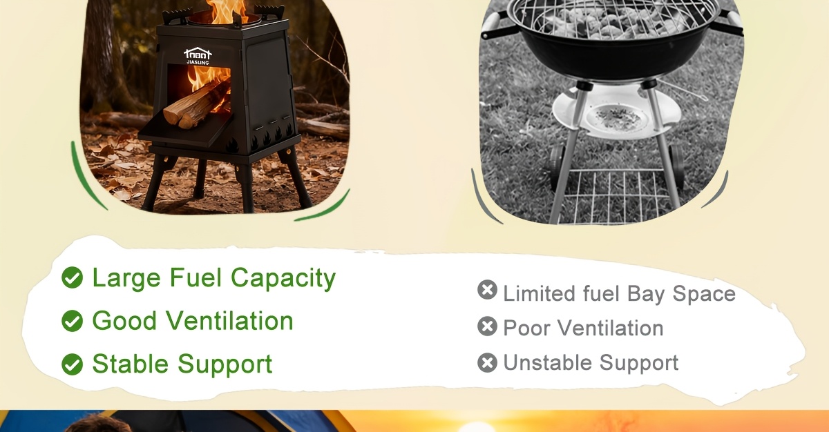 Portable Wood Stove for Outdoor Activities Like Hiking, Picnics, Bbqs, And Travel. A Black Portable Heater Designed for Camping And Outdoor Cooking