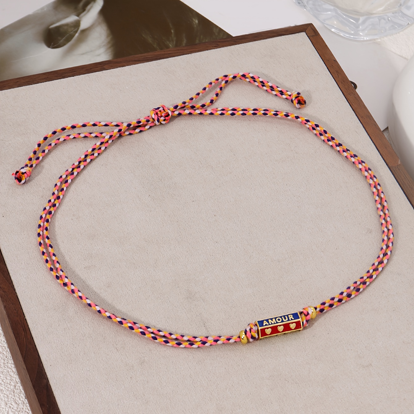 TEMU 1pc Women's Fashion Necklace, Ethnic Style Hand-woven Rope Hexagonal Metal Painting Oil Letter Pendant Collarbone Chain Necklace, Vacation