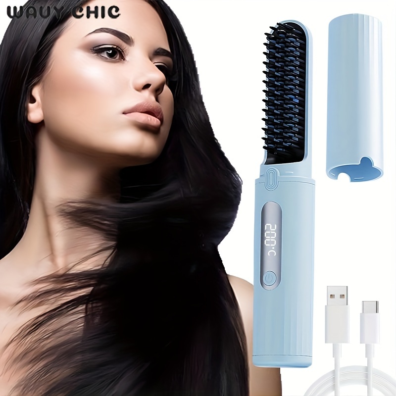

[wavy Chic]2024 New Cordless Hair Straightening Brush, Rechargeable Portable Mini Hair Straightener, Negative Ion Hair Care Comb, Curly Hair Straightening 2 In 1