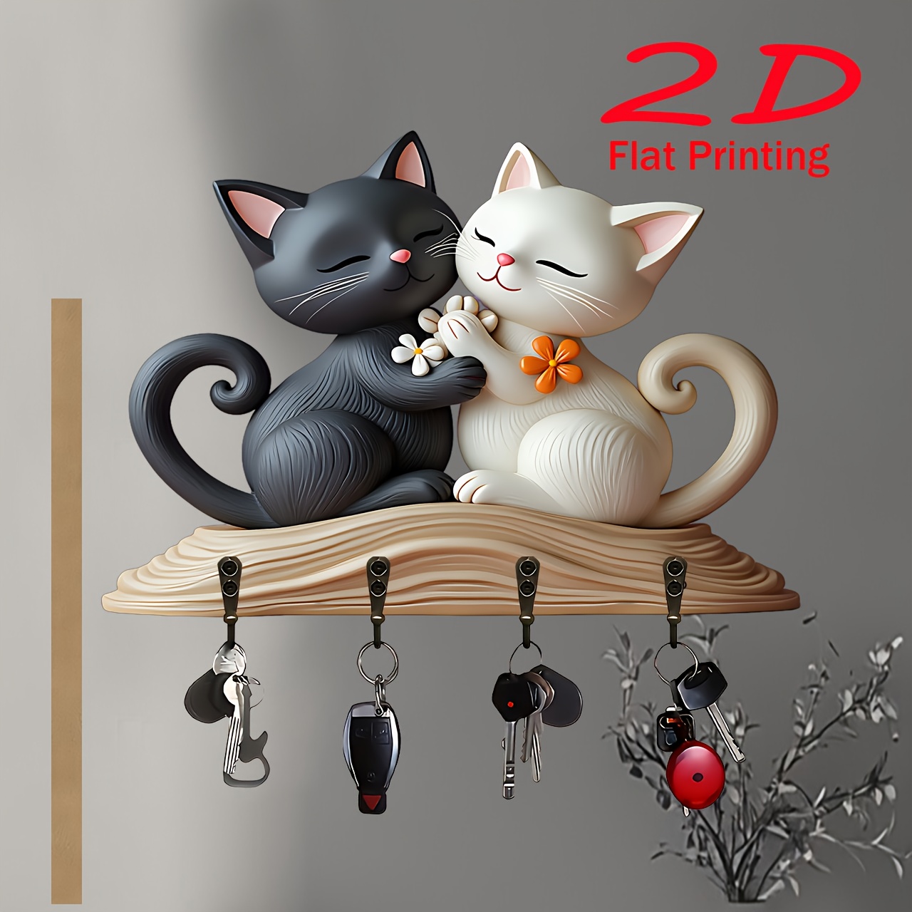 Image of A 2d Wooden Cat Key Holder Featuring A Black And White Embracing A Cat, Equipped With 4 Metal Hooks. This High-quality Wall Decor Made From Wood Is Suitable For , Kitchens, And Garages