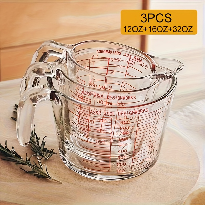 TEMU 1pc Or 3pcs Glass Measuring Cups, 12 Oz + 16 Oz + 32 Oz, Transparent Material, Ergonomic Grip Design, Made Of Heat-resistant Glass, Safe For Dishwasher, Refrigerator, Microwave, And Oven.