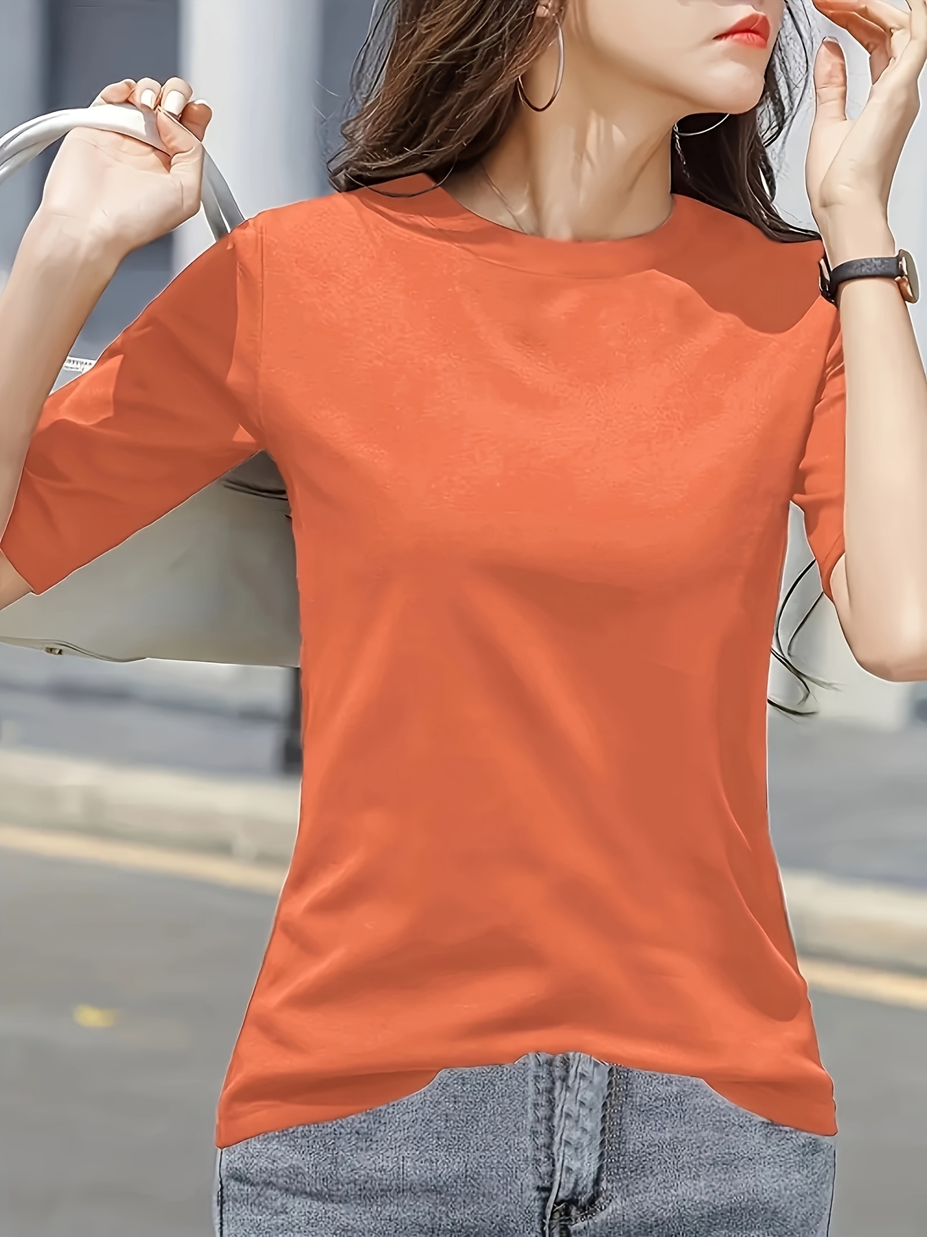 Women's Stretchy Slim-Fit Mid-Sleeve T-Shirt - Lightweight Round Neck Casual Top, Solid Color All-Season Layering Essential, Machine Washable, Versatile Clothing, Sensual Fit Tee, Easycare Material