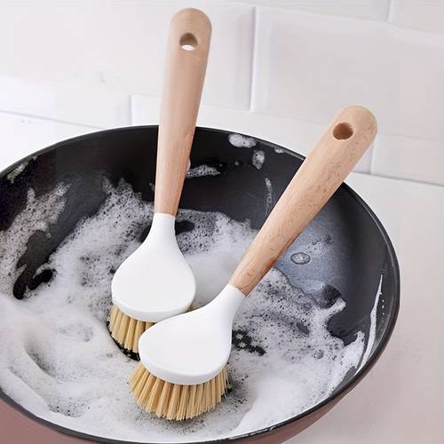 home relaxation ergonomic long handle kitchen scrub brush non stick cleaning with wooden handle ideal for pots pans and dishwashing hangable design for kitchen brush