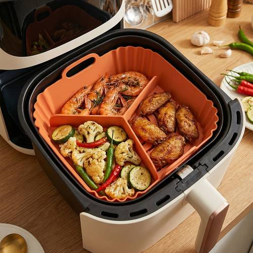 dual purpose square cake pan 8 3x7 8x2 5 in featuring a detachable air fryer divider and handles three section non stick bakeware suitable for air fryers and ovens withstands temperatures up to 446 f