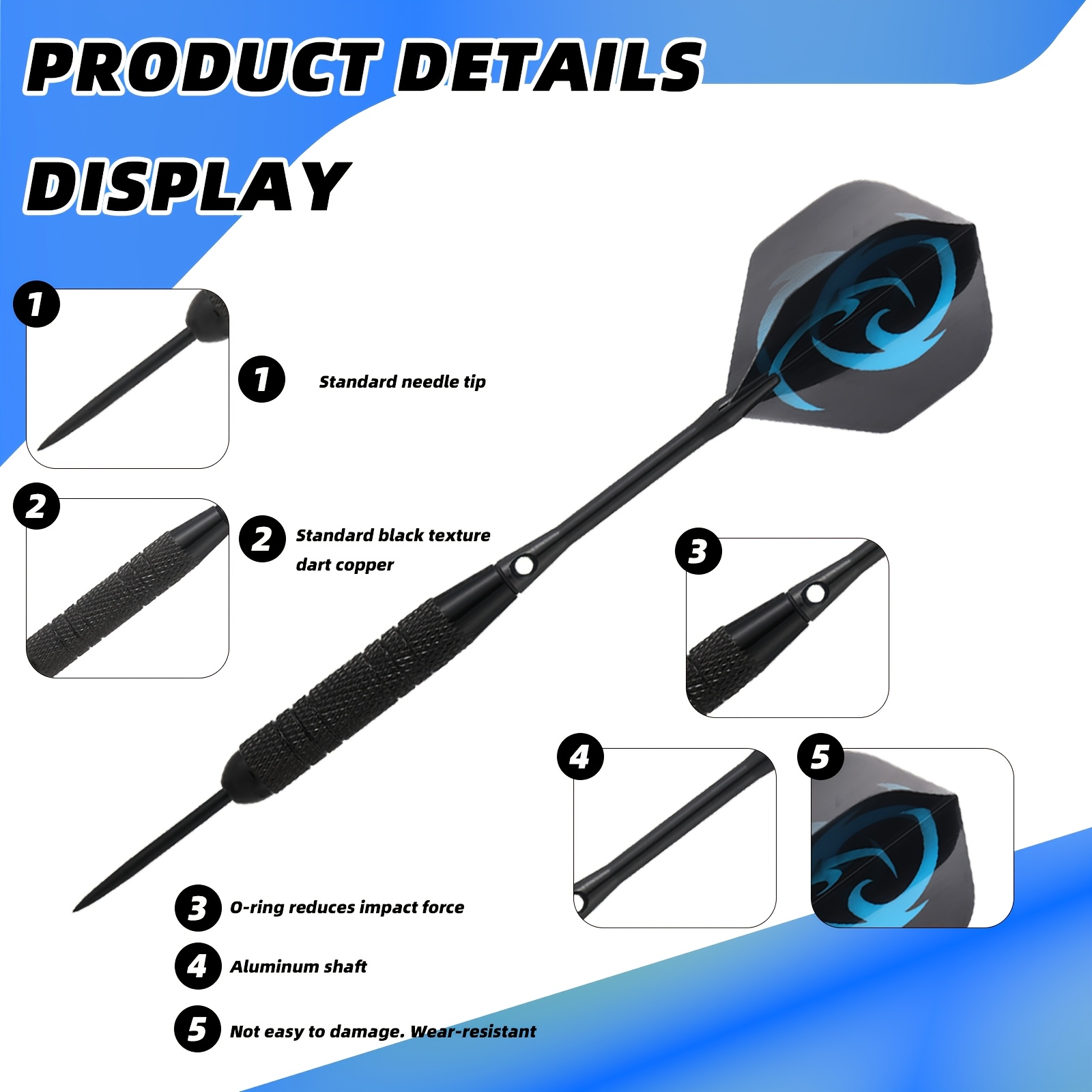 Een 24-gram ijzeren dartset, ontworpen voor professionele competitie, met een antislip textuur voor een betere grip. Het bevat drie zwarte aluminium schachten en drie oranje doorzichtige zwarte schachten.