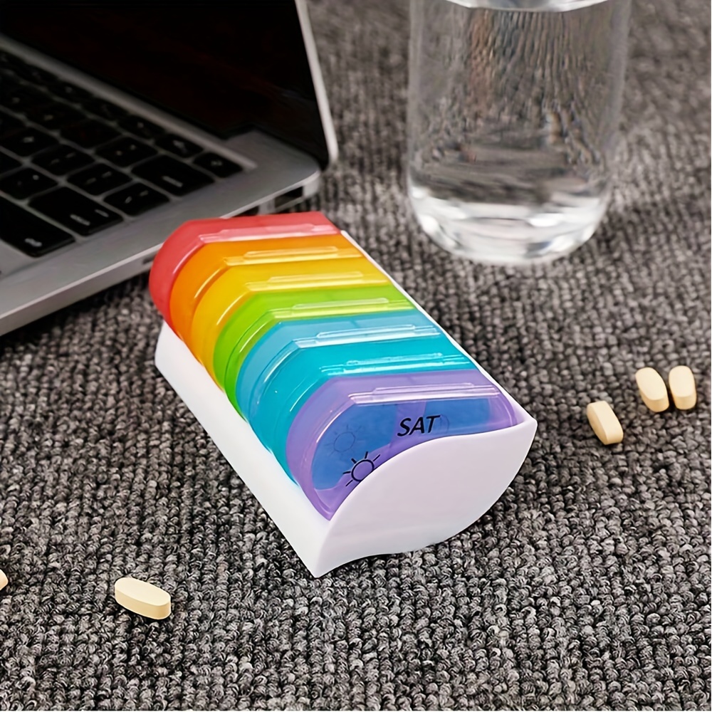 

7-day Rainbow Pill Organizer With 14 Compartments, Portable Plastic Medication Box For Vitamins, Capsules, And Jewelry Storage - Moisture-resistant Travel And Home Use