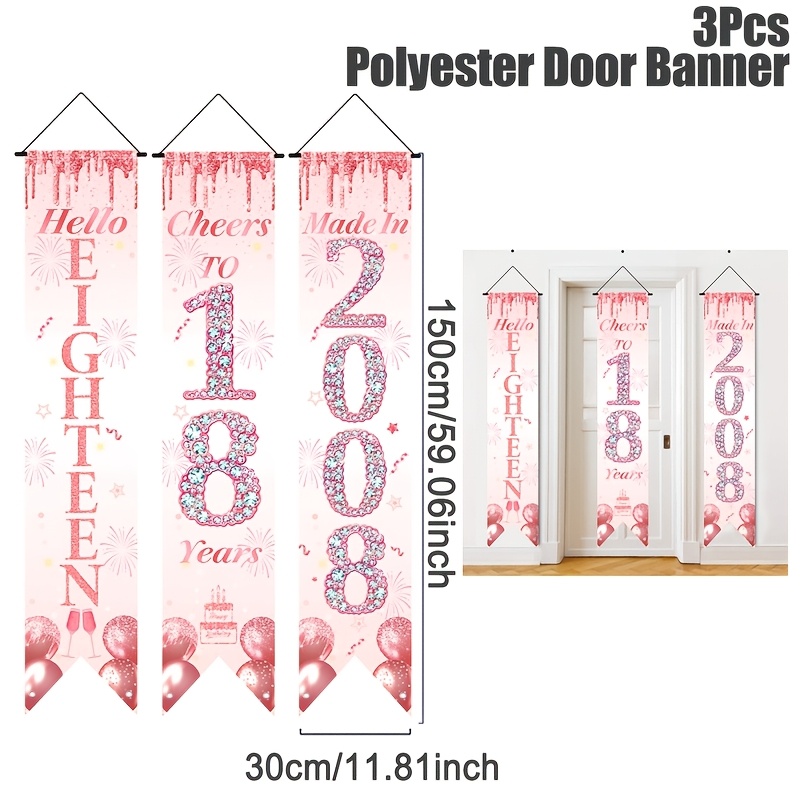 TEMU Bannière de porte 2D, 3 pièces, Bannière de porte Anniversaire, 18e, Couplet de porte motif ballons roses et dorés et queue de sirène, Parfait