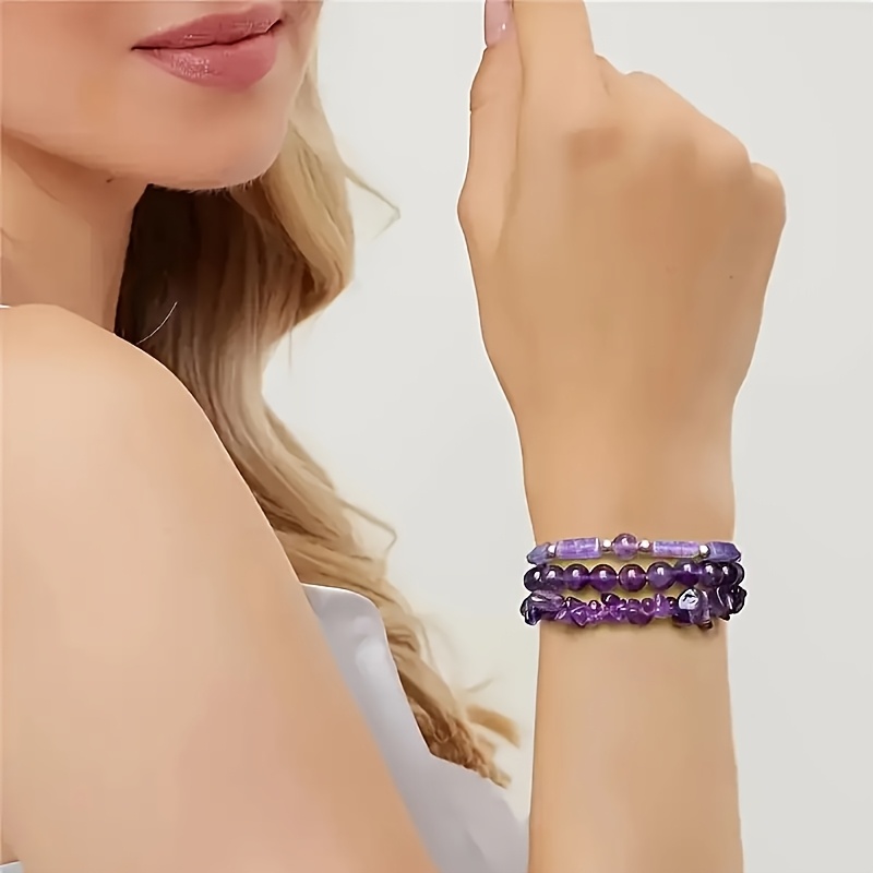 3pc Natural Amethyst Bracelet Set, Elegant Style