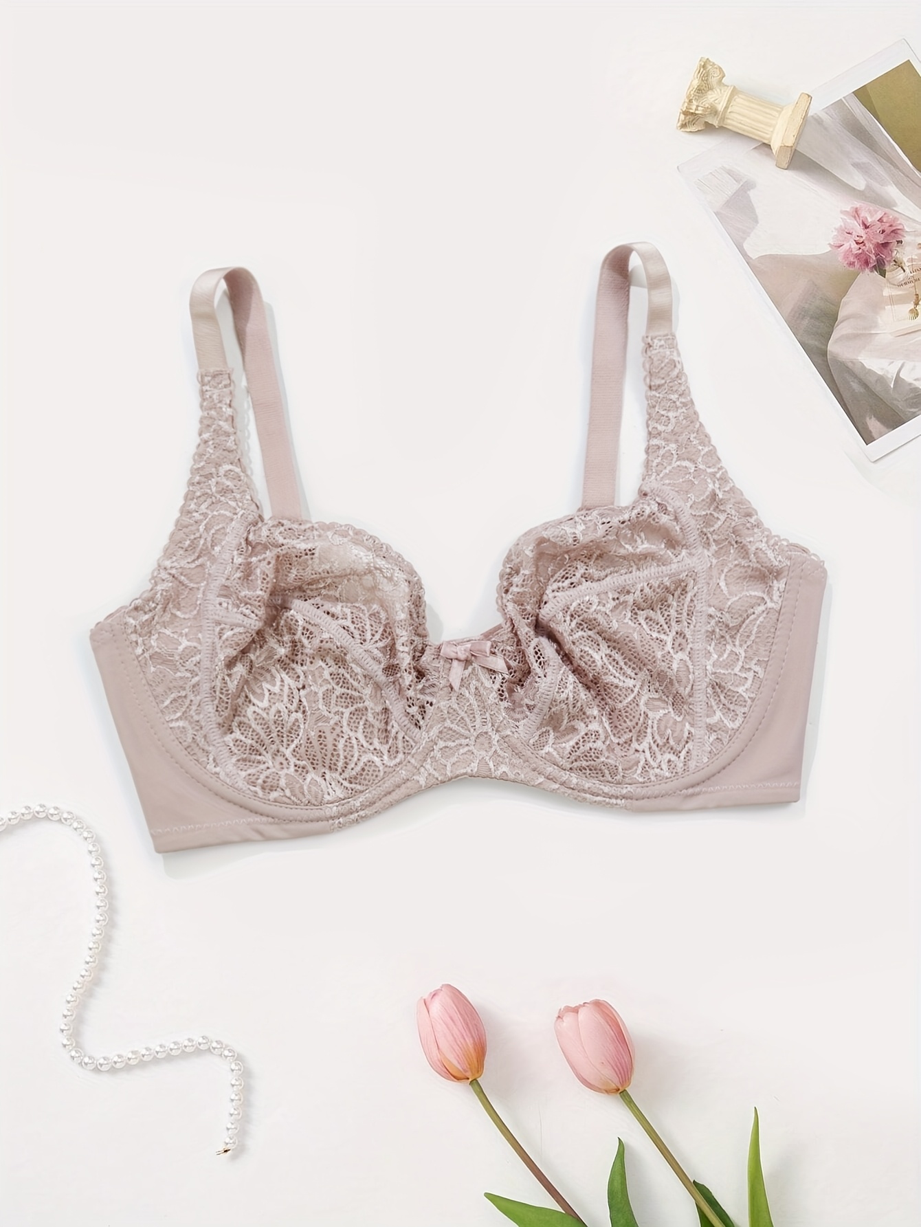 [Floral Lingerie] Elegant Plus-Size Women's White Lace Bra - Sexy Floral Cut-Out Design, Ultra-Thin Breathable Fabric with Underwire Support, Hand Washable