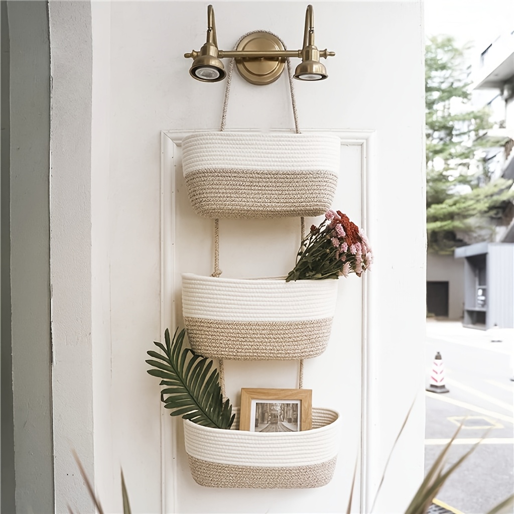 TEMU Boho Chic 3-tier Tassel Hanging Basket - Versatile Home Decor Organizer For Living Room, Bathroom, Bedroom