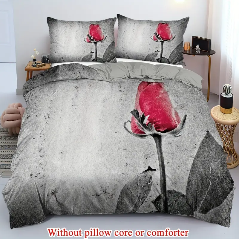 2 3pcs 1 duvet cover 1 2 pillowcase without core retro grey background red rose flowers valentines day couple print soft comfortable bedding set for bedroom dorm room family gift Product details 4