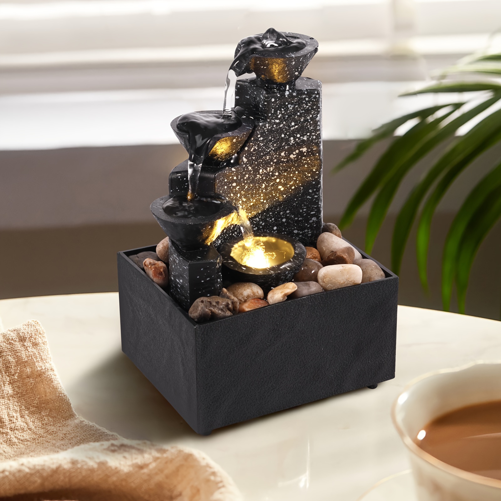 TEMU Usb-powered Tabletop Waterfall Decor With Soft Lights, Creative Ornaments For And Meditation, Abs Plastic, Ideal For Bedroom And Living Room