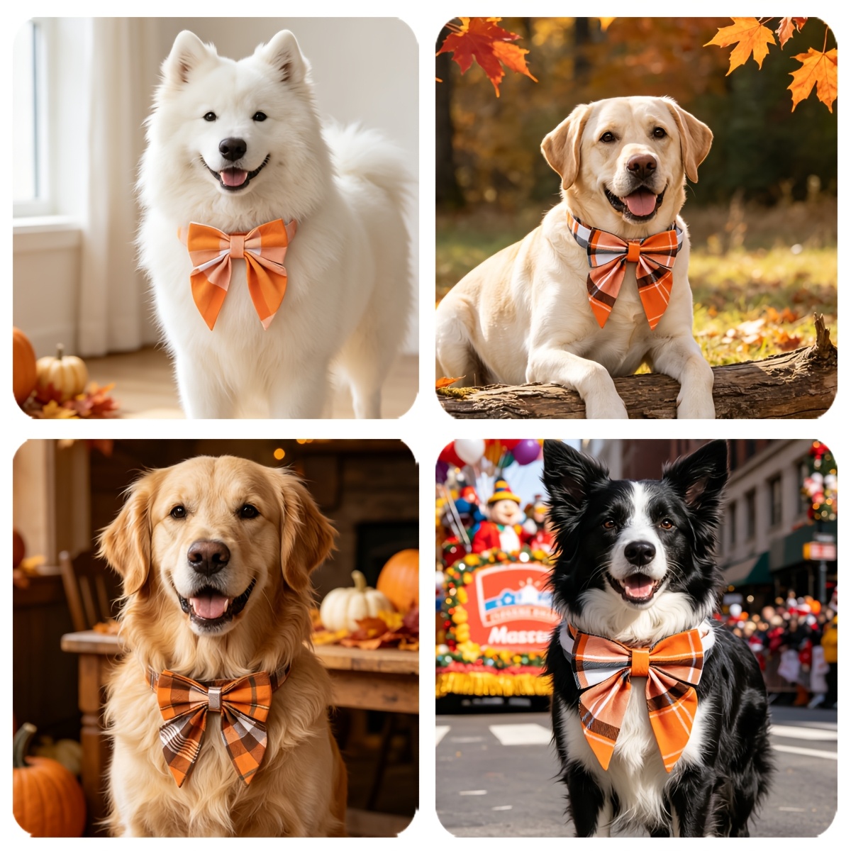Adjustable Orange Plaid Dog Collar with Bow for Fall Holidays