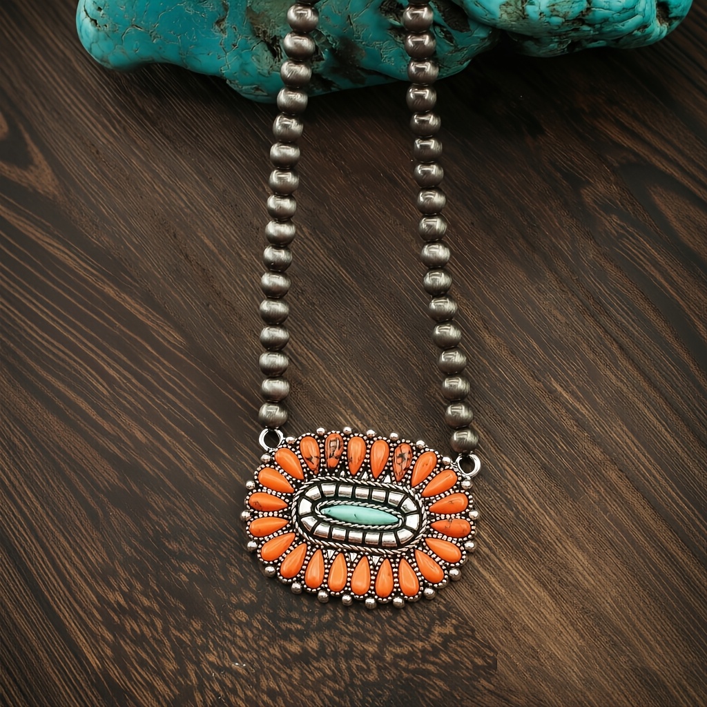 TEMU A Minimalist-style Women's Pendant Necklace Featuring Bohemian-inspired Synthetic Turquoise And Vintage Geometric Patterns, With A Vintage